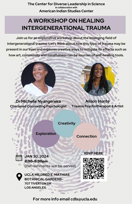 Join us for an explorative workshop about the emerging field of intergeneration trauma. Let's think about how this type of trauma may be present in our lives and explored creative ways to mitigate its effects such as how art, community and mindfulness can be sources of self-healing tools.