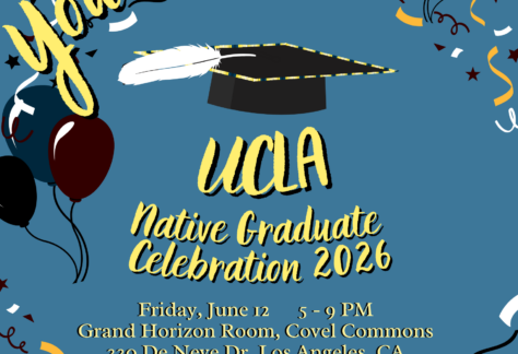 UCLA 2026 Native Graduate Celebration Flyer. Flyer reads "You're Invited: UCLA Native Graduate Celebration" with event details and location with festive visual graphics and pictures of Native graduate students from past events.